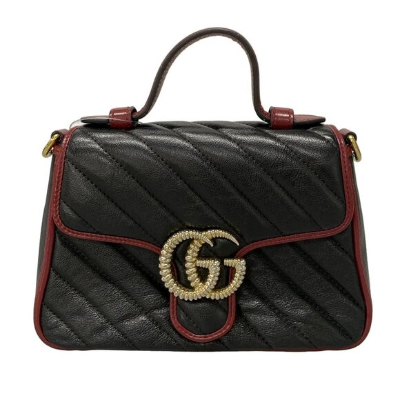 Auth GUCCI GG Marmont mini top handle bag 583571 Black Red Leather Handbag - Picture 1 of 16